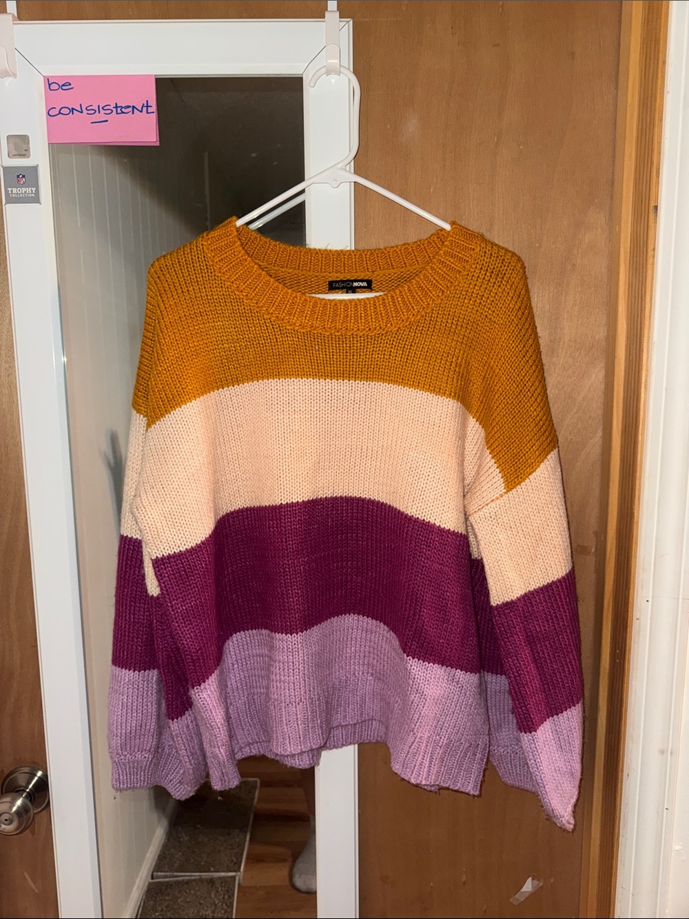 Fashion Nova Colorblock Crewneck Sweater in Mustard, Cream & Plum/Lilac